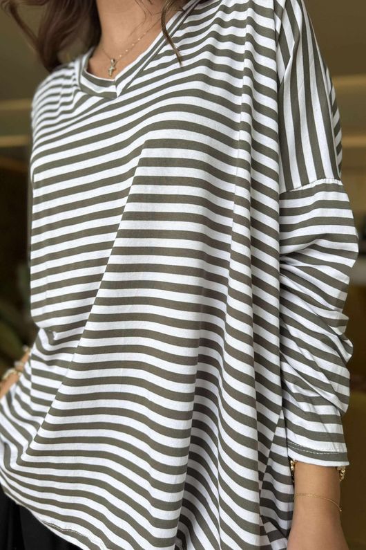 Made in Italy Perfect Breton V Long Sleeve Top Khaki - **